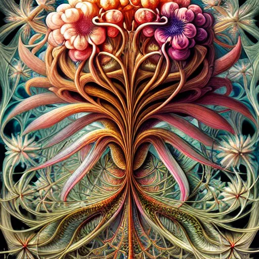 Image similar to an ultra hd detailed painting of many different types of flowers by Android Jones, Earnst Haeckel, James Jean. behance contest winner, generative art, Baroque, intricate patterns, fractalism, rococo