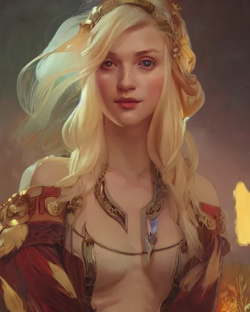 Image similar to '' Portrait of Beautiful blonde Slavic woman in her early 30’s, league of legends, LOL, fantasy, d&d, digital painting, artstation, concept art, sharp focus, illustration, art by greg rutkowski and alphonse mucha ''