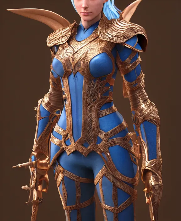 Image similar to a beautiful and highly detailed digital portrait of a dignified female elven paladin with blue hair in rose gold armor by clint cearley, centered, artsation contest winner, artstation hd, cgsociety, fantasy art, cryengine, concept art, photorealism, daz 3 d, sketchfab, zbrush, vray