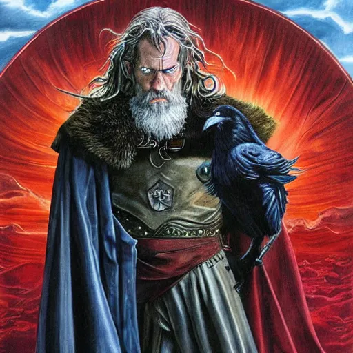 Prompt: hugh laurie as odin, a leather eyepatch covering his left eye, a raven on his shoulder, dark dramatic background, stormy clouds, lightning, very detailed painting by Glenn Fabry