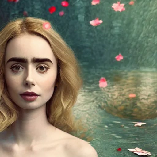 Prompt: a beautiful blonde queen girl lily collins, floating under the deep dream water, beautiful smooth soft light + white petal, oil paint, octane render, unreal engine 5, closeup, 4 k, highly detailed, instagram,