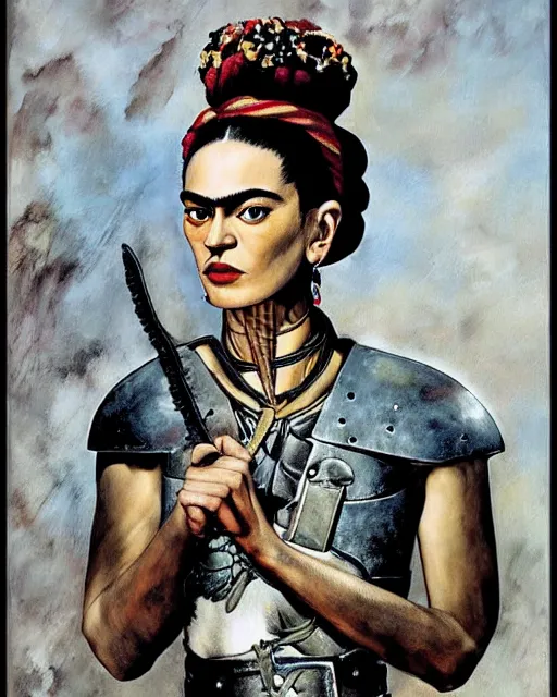 Image similar to portrait of a skinny punk frida kahlo wearing armor by simon bisley, john blance, frank frazetta, fantasy, thief warrior