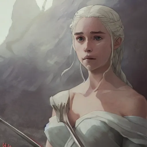 Prompt: daenerys targaryen by greg rutkowski, makoto shinkai, takashi takeuchi, studio ghibli, akihiko yoshida, rule of thirds, seductive look, beautiful