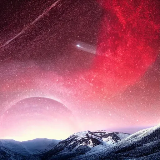 Image similar to A heavily-forested valley surrounded by snow-capped mountains at night, a red nebula and orange gas giant with rings in the sky, no clouds, sci-fi, photorealistic, landscape