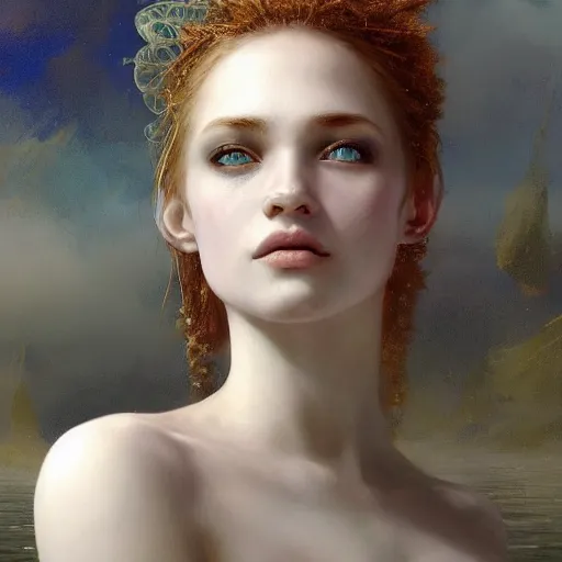 Image similar to dreams of the fae, papery flaking skin, with different colored eyes and flowing hair underwater, three-quarters portrait, intricate, elegant, sharp focus, illustration, highly detailed, digital painting, concept art, matte, by Aleksi Briclot and by Ivan Aivazovsky and by Greg Rutkowski, artgerm, wlop, masterpiece