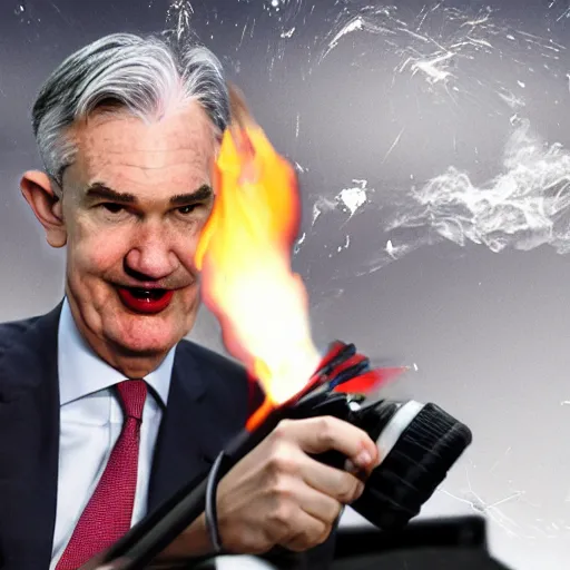 Image similar to detailed photo of Jerome Powell with whiteface clown makeup using a flamethrower projecting a long flame, highly-detailed