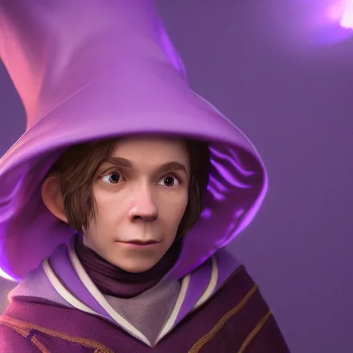 Image similar to portrait of lightfoot halfling wizard, brown hair, purple robes, holding blue wand, trending on artstation, cinematic lighting, hyper realism, octane render, 8 k, hyper detailed
