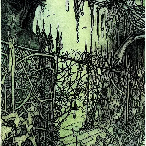 Prompt: fantastic underwater world, environment, building, faerie magic, cast iron fence, thorns, briarwood, overgrown, by Arthur Rackham,full colour, extremely detailed