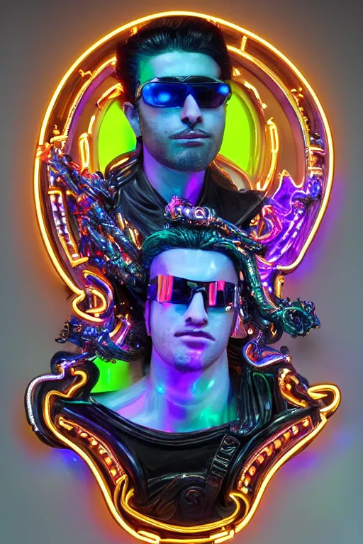 Image similar to full-body neon chrome bladerunner and baroque style sculpture of a young handsome Cuban prince wearing cholo shades as a half android with a porcelain chest opening exposing circuitry and electric sparks, glowing laser beam eyes, crown of giant diamonds, flowing neon-colored silk, fabric, raptors. baroque elements. full-length view. baroque element. intricate artwork by caravaggio. many many birds birds on background. Trending on artstation, octane render, cinematic lighting from the right, hyper realism, octane render, 8k, depth of field, 3D