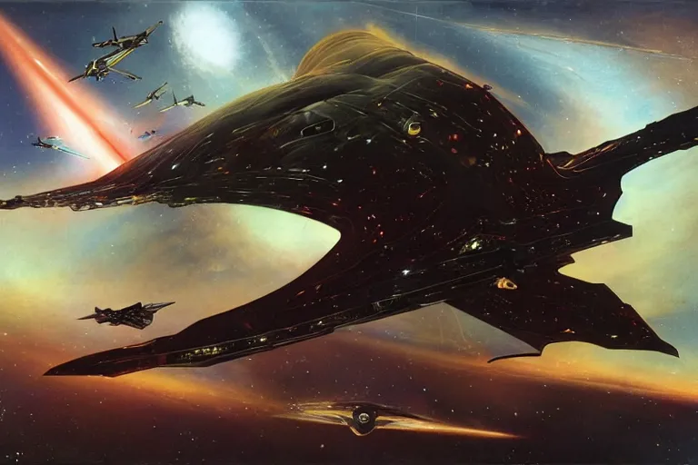 Prompt: gnostic space nebula with debris by raymond swanland, framing a pteranodon battlecruiser, with white kanji insignias, sleek, white john berkey panels, wine red trim, Ralph mcquarrie insets. spines and towers, rows of windows lit internally, sensor array, blazing engines, robotech styling, boeing concept art, cinematic lighting by liam wong