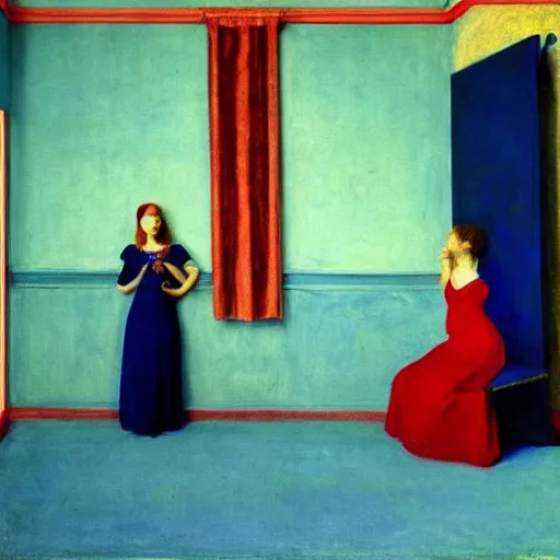 Image similar to a girl in a blue and red haunted liminal abandoned room, film still by edward hopper, by Pontormo, by klimt, art noveau, highly detailed, strong lights, liminal, eerie, Bright pastel colors