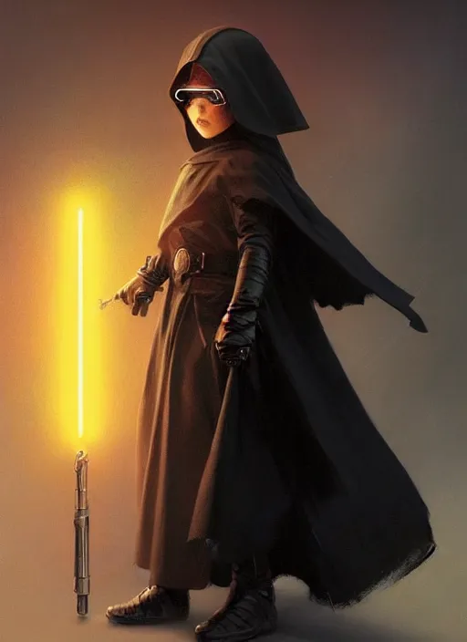 Image similar to perfectly - centered - portrait of a kid wearing black cloak holding light saber, intricate, highly detailed, digital painting, artstation, concept art, smooth, sharp focus, illustration, unreal engine 5, 8 k, art by artgerm and greg rutkowski and alphonse mucha