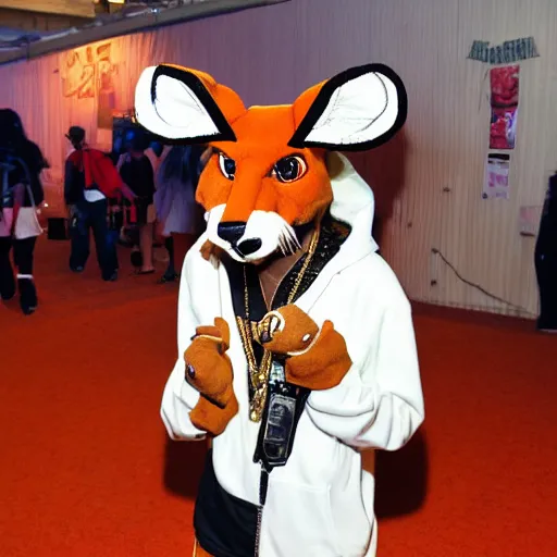 Image similar to snoop dog wearing a fox fursuit at a furry convention, indoor convention vendors