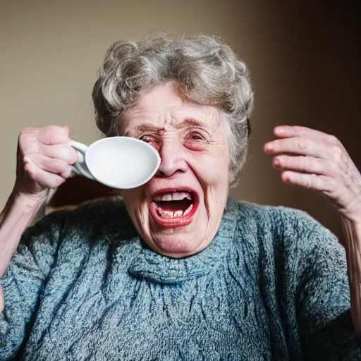 Prompt: elderly woman screaming at a cup of tea, canon eos r 3, f / 1. 4, iso 2 0 0, 1 / 1 6 0 s, 8 k, raw, unedited, symmetrical balance, wide angle