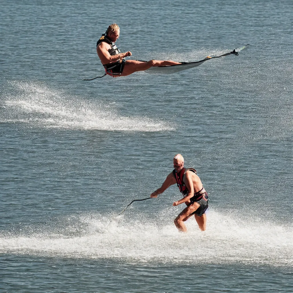 Prompt: a man barefoot water skiing behind a boat