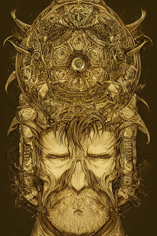 Image similar to a study of cell shaded illustration of a ornate a wizard, golden ratio, post grunge screen print poster, blank ink, character concept art by Miles Tsang, highly detailed, sharp focus, Artstation, deviantart, artgem