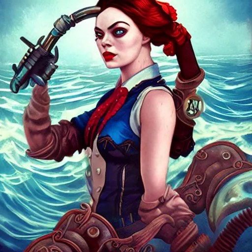 Prompt: underwater bioshock pirate captain portrait of emma stone, pixar style, by tristan eaton stanley artgerm and tom bagshaw.