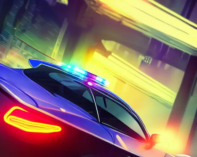 Image similar to sports car police chase, action shot, high speed, night life, neon lights, heavy rain, lens flare, deep focus, d & d, fantasy, intricate, elegant, highly detailed, digital painting, artstation, concept art, matte, sharp focus, illustration, hearthstone,