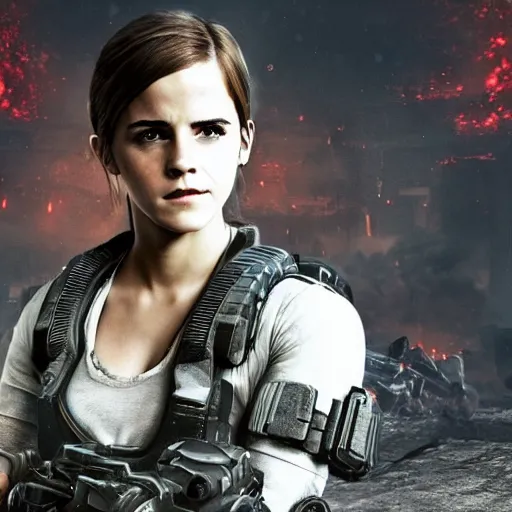 Prompt: emma watson in gears of war, splash art, movie still, cinematic lighting, dramatic, octane render, long lens, shallow depth of field, bokeh, anamorphic lens flare, 8 k, hyper detailed, 3 5 mm film grain