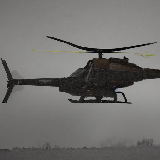 Image similar to helicopter made out of scrap, in snowstorm, apocalyptic, artstation