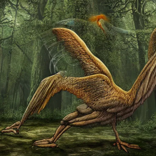 Image similar to Archaeopteryx stand in front of some prehistoric trees, highly detailed, 4k, photorealistic