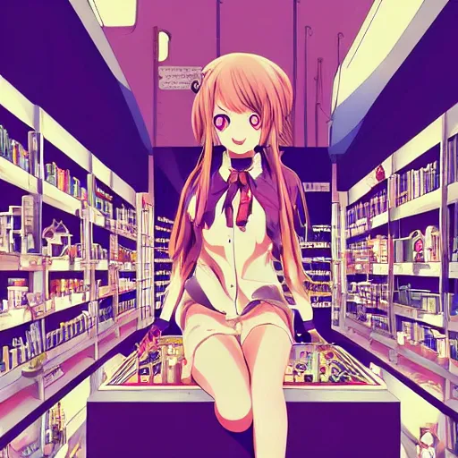 Prompt: lomography, anime, portrait of a young woman in a alchemist's potion shop interior shopping, cute face by yoshinari yoh, blue submarine no 6, dynamic pose and perspective, detailed facial features, ilya kuvshinov