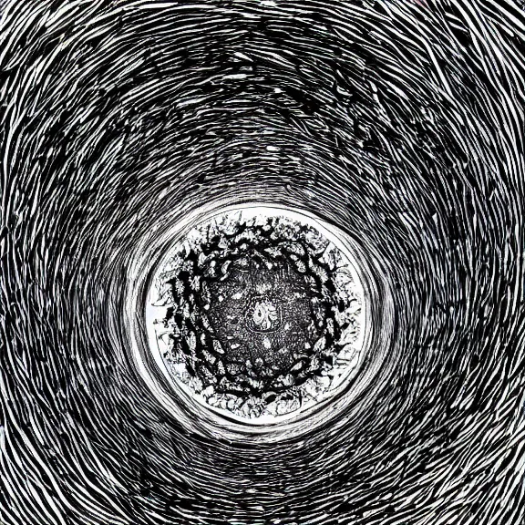 Prompt: near death experience artist's view of a dark hole, black and white DMT illustration, astronomical psychedelic tunnel with a bright white light, NDE