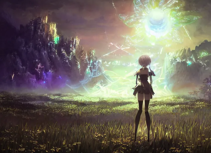 Image similar to scenery artwork, scene luminous, bioluminescent acrylic and cold nier automata pixiv scenery artwork : nature dream wire vegetation magic density infinite, macro seminal dream points of icy, frozen vaporwave shards tempted to turn into a dream scenery, high quality topical render, nier automata, concept art