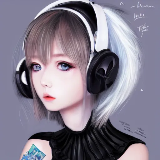 Image similar to realistic teasing detailed semirealism beautiful gorgeous cute Blackpink Lalisa Manoban white hair white cat ears blue eyes, wearing black camisole outfit, headphones, black leather choker full HD 4K high resolution quality WLOP, Aztodio, Taejune Kim, Guweiz, Pixiv, Instagram, Artstation
