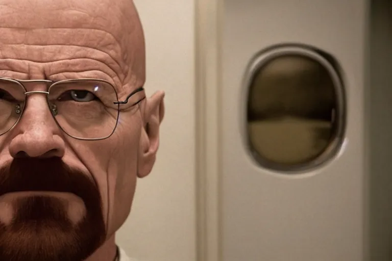 Image similar to walter white as the villain in the shining, heres johnny scene, cinematic, photorealistic, 8 k