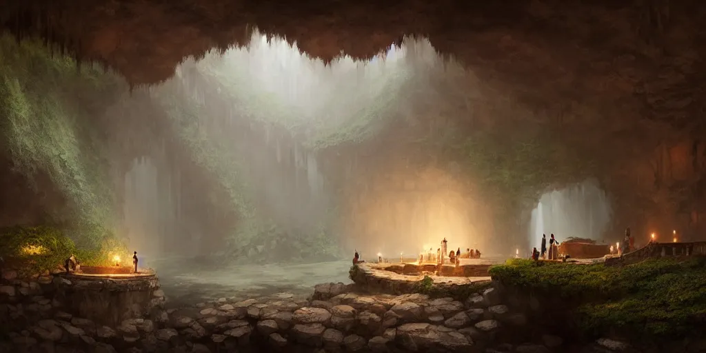 Prompt: cozy, empty bathhouse hidden in a cave, intimate, candlelight, towels, cushions, natural light, lush plants and flowers, elegant, smooth cave rock, fantasy, atmospheric lighting, digital painting, Greg Rutkowski concept art