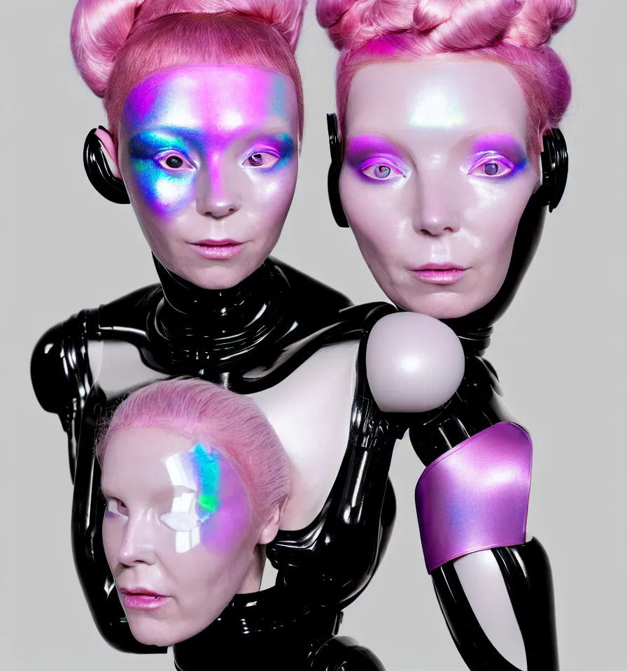 Image similar to portrait of a alien futuristic goddess wearing an art nouveau iridescent beauty mask and pink hair buns, wearing a black bodysuit by alexander mcqueen, cream white background, soft diffused light, biotechnology, humanoid robot, perfectly symmetric, bjork aesthetic, translucent, by rineke dijkstra, intricate details, highly detailed, masterpiece,