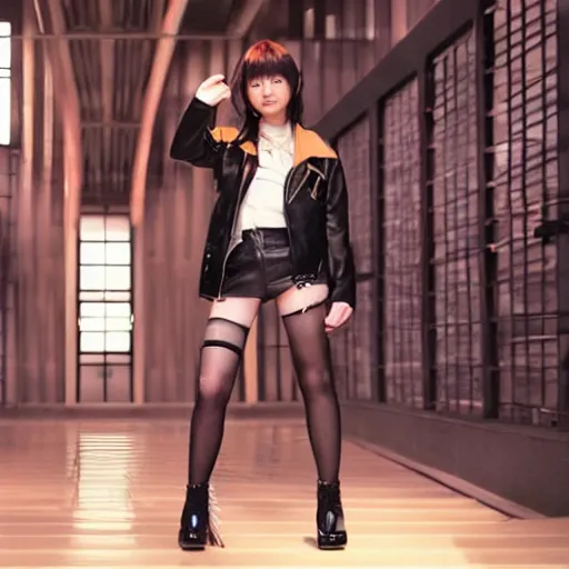 Image similar to a dynamic, epic cinematic 8K HD movie shot of a japanese young J-Pop idol girl wearing leather jacket, miniskirt, nylon tights and high heels boots. Motion, VFX, Inspirational arthouse