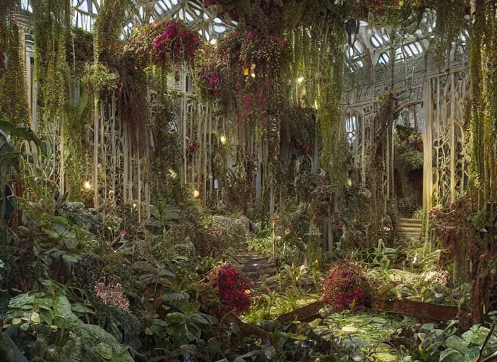 Prompt: an elaborate lovecraftian garden with exotic flowers, shrubberies and a beautiful greenhouse intricate, elegant, highly detailed, matte, sharp focus, illustration, art by ferdinand knab, greg rutkowski andh. p. lovecraft