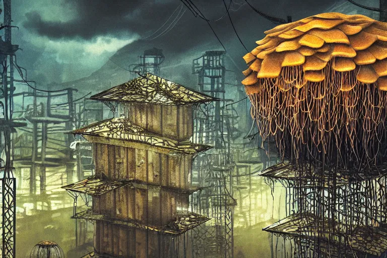 Image similar to favela jellyfish honeybee hive, wooded environment, industrial factory, horror, award winning art, epic dreamlike fantasy landscape, ultra realistic,