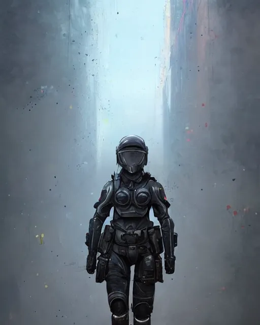 Image similar to Hyper realistic painting of a girl in riot gear, hyper detailed, anime, by greg rutkowski, trending on artstation