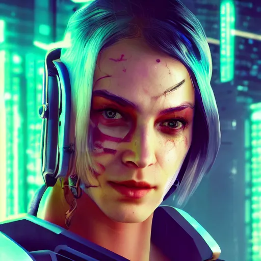 Image similar to rachel wise portrait, Cyberpunk 2077, cyberpsycho, photorealistic, ultra detailed, neon, octane, bokeh, cyber, cyberpunk city, feature, scars, cyberface, 8k