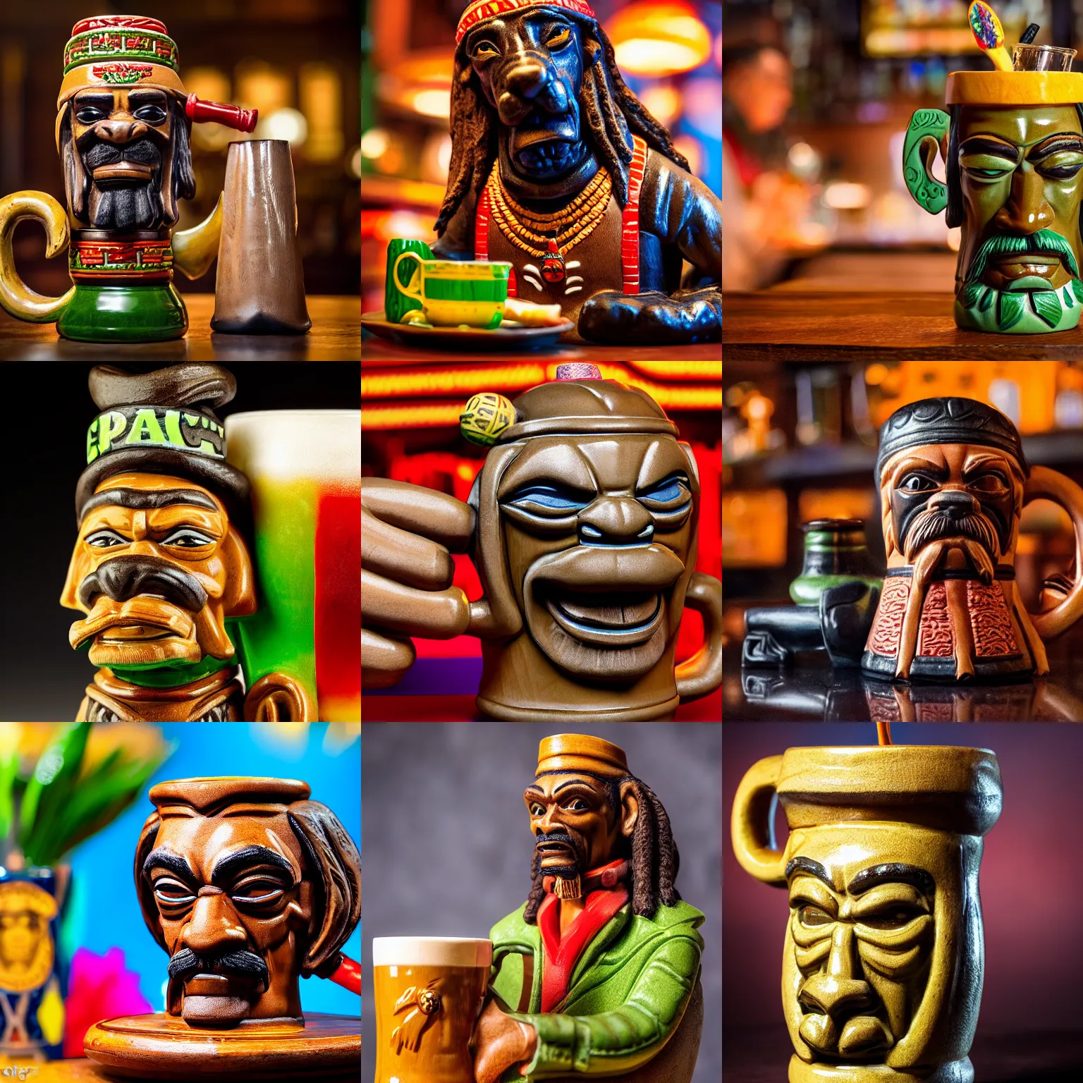 Prompt: a closeup photorealistic photograph of trader vic's snoop dogg tiki mug. snoop dogg is sitting at the bar holding the mug. brightly lit scene. this 4 k hd image is trending on artstation, featured on behance, well - rendered, extra crisp, features intricate detail, epic composition and the style of unreal engine.