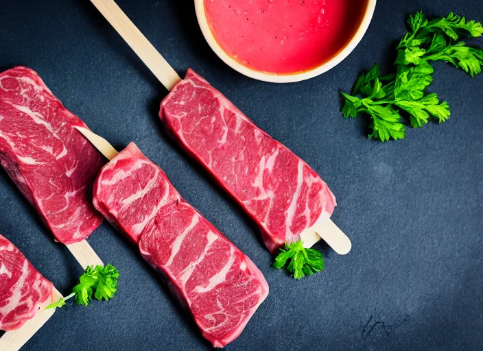 Image similar to dslr food photograph of raw steak popsicle, 8 5 mm f 1. 8