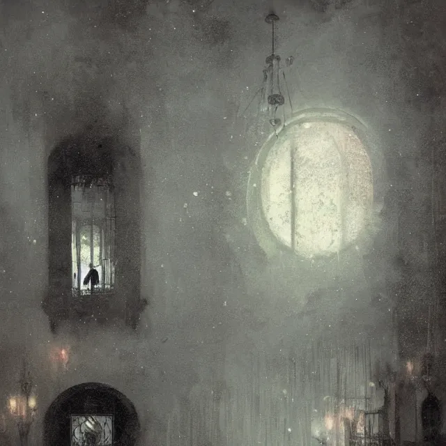 Image similar to ultra - realistic painting gothic 1 9 2 0 s hotel elevator opening up to a horrifying cosmic sky, atmospheric lighting, gloomy, foreboding, by carl spitzweg, ismail inceoglu, vdragan bibin, hans thoma, greg rutkowski, alexandros pyromallis, perfect face, fine details, realistic shadeing