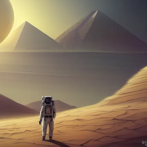 Prompt: epic portrait an space astronaut flying away from an desert world, blurry backround, pyramids, sandstorm, side profile, digital painting, artstation, concept art, soft light, hdri, smooth, sharp focus, illustration, fantasy, intricate, elegant, highly detailed, D&D, matte painting, in the style of Greg Rutkowski and Alphonse Mucha and artemisia, 8k, highly detailed, jurgens, rutkowski, bouguereau, pastoral, rustic, georgic