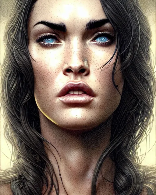 Prompt: megan fox, character portrait, portrait, close up, concept art, intricate details, highly detailed by greg rutkowski, michael whelan and gustave dore