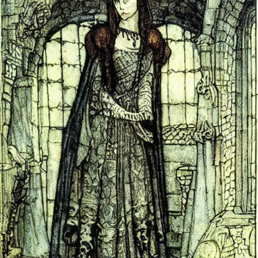 Image similar to beautiful young medieval queen by arthur rackham