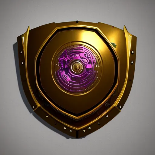 Prompt: high-tech golden sci-fi shield, intricate, unreal engine, 8K ultra detail, physically based rendering, dark purple background, trending on artstation, art by Armored Colony