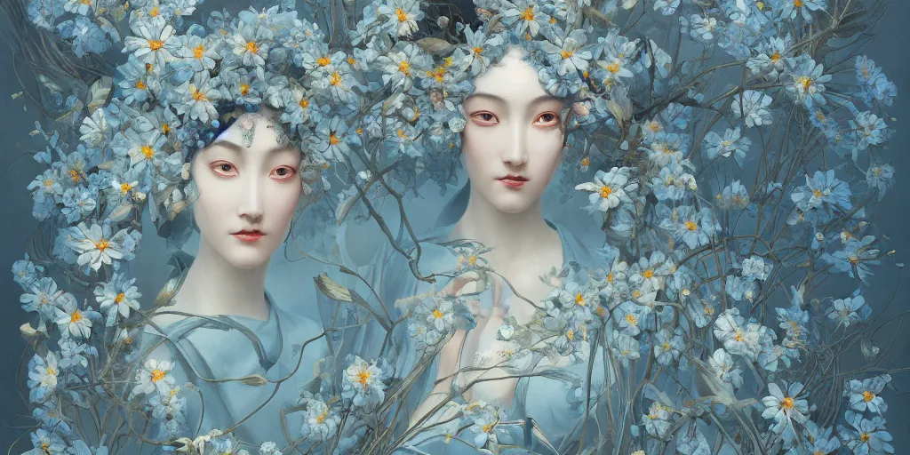 Image similar to breathtaking detailed concept art painting art deco pattern of faces goddesses amalmation light - blue flowers with anxious piercing eyes and blend of flowers and birds, by hsiao - ron cheng and john james audubon, bizarre compositions, exquisite detail, extremely moody lighting, 8 k