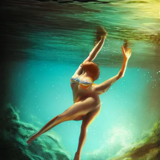 Prompt: girl swimming underwater ultra realistic, highly detailed, sharp focus, cinematic lighting, mood lighting, realistic, vivid colors, painting, photorealistic, digital art, non blurry, sharp, smooth, illustration