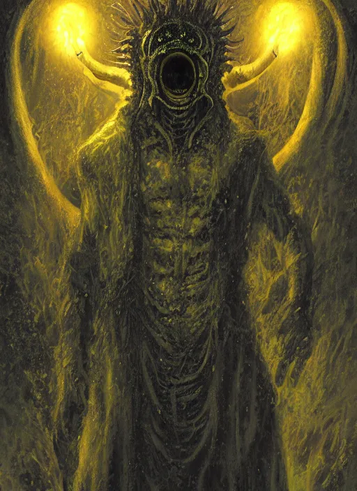 Image similar to detailed digital painting of hastur the king in yellow, dark background, volumetric lighting, by boris vallejo and luis royo