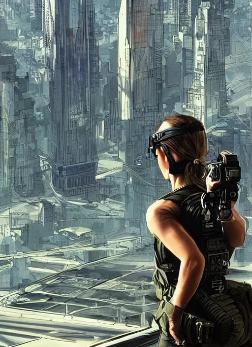 Image similar to Maria. USN female special forces operator looking at city skyline. Agent wearing Futuristic stealth suit. rb6s Concept art by James Gurney, Alphonso Mucha.