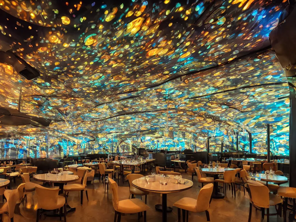 Image similar to screens with curved translucent screens projecting detailed sci - fi art, pixel perfect photograph, high contrast, volumetric lighting, thin glowing lights, restaurant, chairs, users, pair of keys