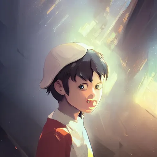 Prompt: a child with grey skin with blues and short brown hair and fire powers, highly detailed, digital painting, artstation, matte, by makoto shinkai, animation style